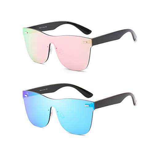 Rimless Mirrored Lens One Piece Sunglasses UV400 Protection for Women Men (Pink+Blue)