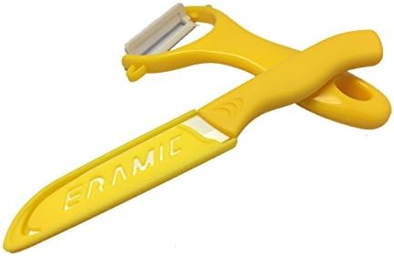 Ceramic Veggie and Fruit Knife with Protective Sheath &amp; Peeler Set Ultra Sharp lightweight never rust and metal taste free by LAR (Yellow)