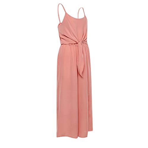 Women's Casual Jumpsuit Romper, Knot Front Spaghetti Strap Sleeveless Wide Leg Long Pant Playsuit Pink