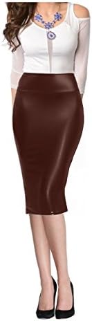 Women High Waist Faux Leather Midi Below Knee Pencil Skirt-S-Brown