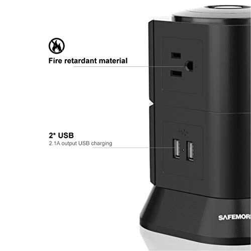 Black Surge Protector with USB SAFEMORE Power Strip Tower USB Charger 7 Outlets 2 USB Desk Plug Station with Overload Protection and 6.5ft Power Cable for Wireless Devices, Great Home decoration