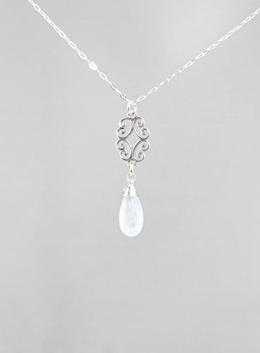 White Moonstone Gemstone Filigree Necklace for Women, June Birthstone Sterling Silver 18 Inch Chain
