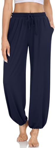 DACESLON WOMEN’S YOGA JOGGERS PANTS PLUS SIZE CASUAL LOOSE HAREM COZY SWEATPANTS BAGGY LOUNGE PANTS WITH POCKETS(NAVY,XL)