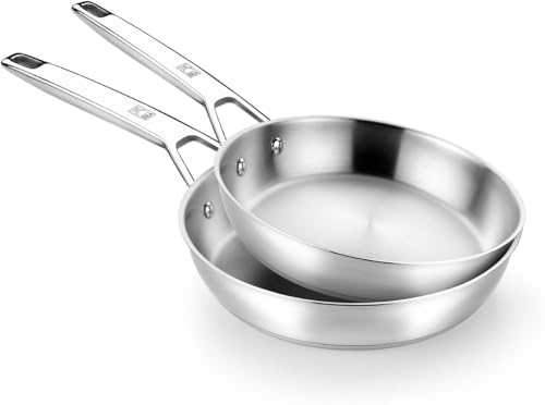 Signature | Lot de 2 Poêles en Acier Inoxydable 18/10 Professionnel sans Revêtement Antiadhésif, Triple Fond Diffuseur, Tous Feux dont Induction, Finition Polie Brillante, 24|28 cm