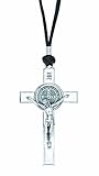 Intercession St Benedict Crucifix on Cord Necklace (Antique Silver - White)