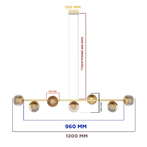 Pendente lustres Luminária de Teto Jabuticaba Dourado com 7 Globos de Vidros Ambar 12cm Bivolt aluminio Iluminação Sala, Cozinha, Quarto, Escritorio, Sala de Jantar e Estar