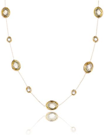 14k Yellow Gold Necklace with Citrine and Lemon quartz Gemstones Ovel and Round Shape on Cable Chain