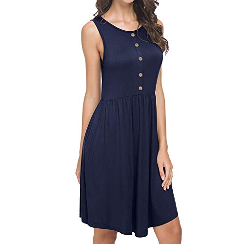 Trendypie Women's Summer Sleeveless Solid Cotton Casual Loose Swing Dress Plain Pleated T-Shirt Dress Knee Length Button Party Dress Beach Sundress with Pockets