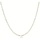 Delicate Pearls Initial R Necklace for Women Gold-Toned Letter Capital Necklaces Shell Pearl Alphabets Choker Link Chain Fashion Boho Birthday Jewelry