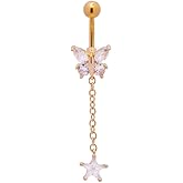 Pierced Owl 14GA 316L Stainless Steel Zircon Crystal Butterfly with Dangling Star Belly Button Ring
