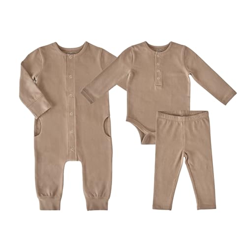 PEHR Baby’s First Essentials Set, Portobello | 100% Organic Cotton, 3-Piece Unisex Newborn Gift Set | Long Sleeve One-Piece, Romper, and Leggings (0–3M)