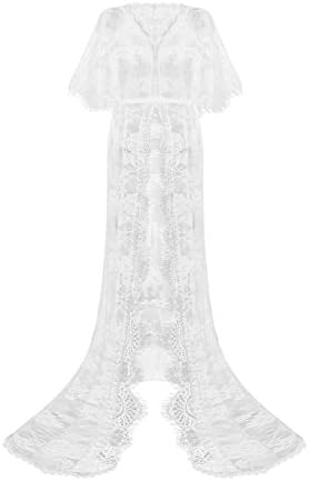 Yomoko Sexy Deep V-Neck Long Sleeve Lace Beach Dress See-through Maxi Dress (Medium, White with Batwing)
