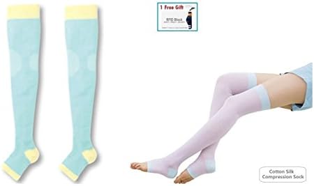 Yoga Sleep Therapeutic Thigh-high Compression Cotton/Silk Toeless Sock, Slimming Legs, Recovery Stocking - Reduce Legs Swelling, Fatigue &amp; Pain (Small / Medium, Light Blue)