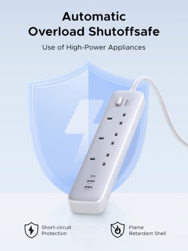 UGREEN GaN 6-in-1 Surge Protector Power Strip with PD30W USB-C (2A1C), Overload/Short-Circuit/Overheat Protection Extension Cord with 3 AC Outlet, UK Plugs with 2M Lead for Home Office Travel, etc