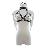 MyCHIC Women's PU Leather Harness Collar Cupless Bra Open Mouth 2 Pcs Lingerie Set