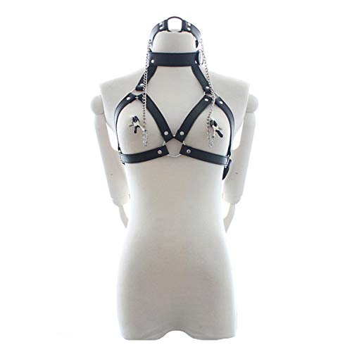 MyCHIC Women's PU Leather Harness Collar Cupless Bra Open Mouth 2 Pcs Lingerie Set