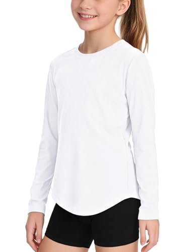 Auranso Girls Long Sleeve Athletic Shirts Quick Dry Lightweight Kids Curved Workout Tops Yoga Gym Tees Active Sport Clothes White 9-10 Years at Amazon