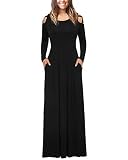 Mixfeer Womens Plain Maxi Dress Strappy Cold Shoulder Long Sleeve Dress Floor Length Dress with Pockets Black