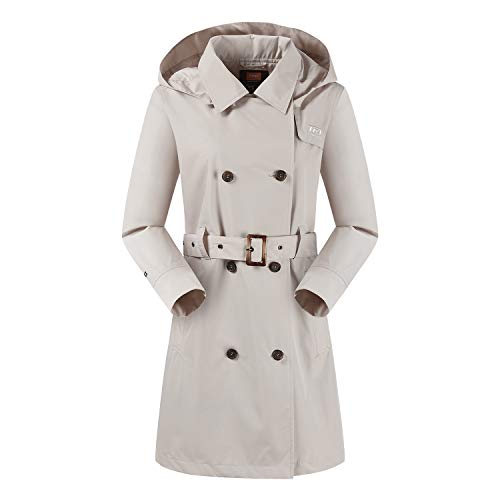 TFO Womens Hooded Double-Breasted Trench Coat Outdoor Lightweight Rain Jackets with Belt(Khaki, M)