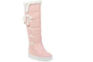 HINDOLA Women's Winter Warm Knee High Down Snow Boots Fur Lined Waterproof Cross-Tied Hidden Wedges Platform Boots
