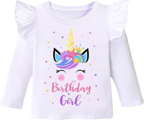 Photo 1 of Birthday Girl Shirt Toddler Baby Girls Unicorn T-Shirt 2nd 3rd 4th 5th 6th 7th Birthday White Tee Fall Outfit Fly Sleeve 3T