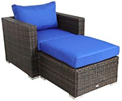 Outime Patio Furniture PE Brown Rattan Sofa Set 2pcs Royal Blue Cushion Garden Wicker Sectional Sofas Conversation Sets-（Single Sofa+Ottoman Sofa）