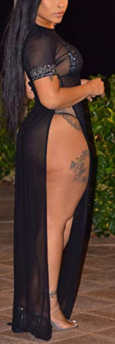 Women's Sexy Long Maxi Dresses Summer Casual See Thru Round Neck Short Sleeve Sheer Mesh Beach Cover Ups Loose Stretchy Plus Size Swimsuit Split Side with Fake Diamond