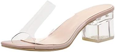 BOLUBILUY Women's Square Heeled Buckle Strap Sandals,PVC Transparent Wedding Slipper Shoes Casual Comfort Slip On Khaki