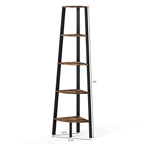 image for Ballucci Industrial Corner Shelf, 5-Tier Bookcase Storage Rack, Wood P