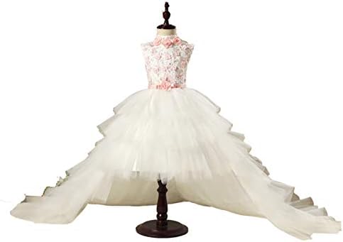 Adela Lace High Neck Pageant Dresses Ball Gown Hi-Low Appliques Kids Wedding First Communion Dress with Train AR028