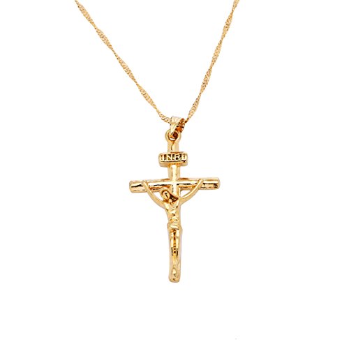 24K Gold Jesus Cross Necklace Religion Crucifix INRI Pendant Jewelry