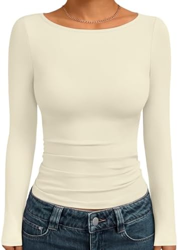 Trendy Queen Women's Boat Neck Tops Long Sleeve Shirts Apricot XS