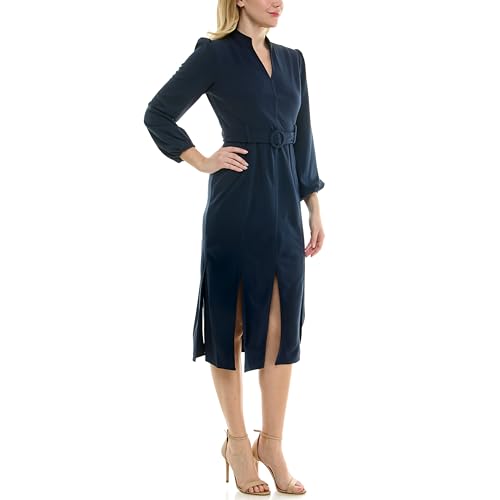 MAISON TARA WOMEN’S LONG SLEEVE V-NECK BELTED CAR WASH HEM SHEATH DRESS, NAVY