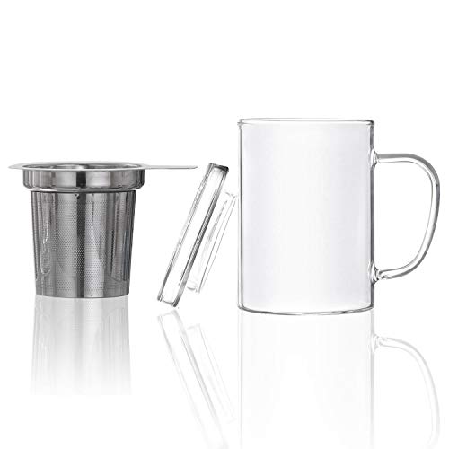 Teeglas mit Sieb Teebereiter mit Tee-Filter, Tee-Sieb und Deckel - Tee-Zubereiter Tea-Maker & Tee-Tasse in Einem; ca. 450 ml (Teamaker - mit Knopf) – Bild 4