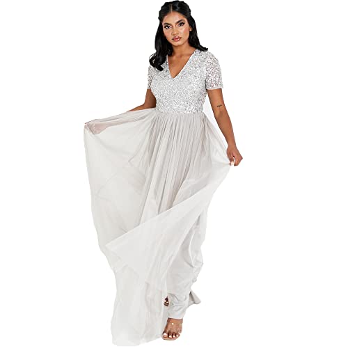 Maya Deluxe Maya Berry Embellished Halter Neck Maxi Dress Robe de Demoiselle d'honneur, gris clair, 48