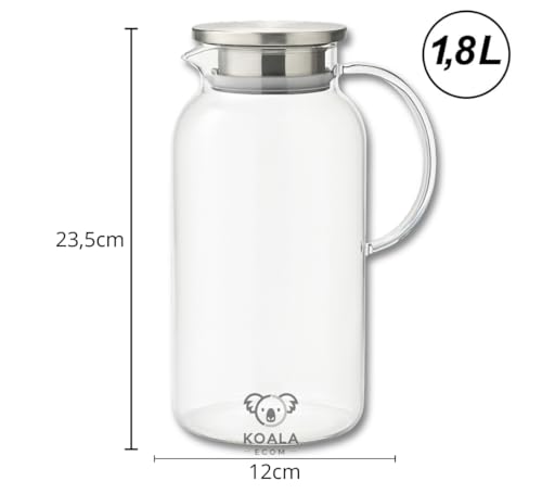 Jarra de Vidro Elegance Tampa de Inox 1,8L – Design Clean e Sofisticado, Estilo Atemporal, Ideal para Servir Água, Suco e Chá com Elegância KOALAECOM®