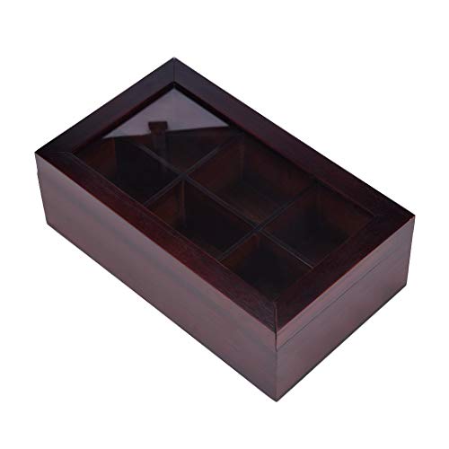 Iusun Bamboo Tea Box Organizer Chest with Clear Hinged Lid 6 Compartments Small Drawer Tea Bag Classic Teabag Holder Variety Box Storage Sections 12X7X3.7'' - Ship From USA (Redwood) - Thumbnail 3