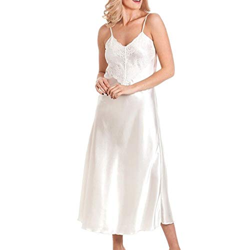Womens Sleepwear Silk Pajamas Lace Patchwork Nightgown Full Slips Sexy Sling Sleep Dress White - Thumbnail 7