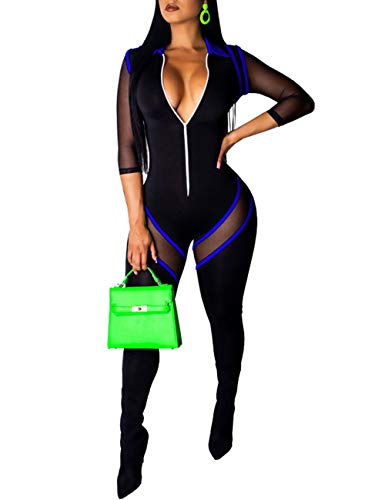 FairBeauty Women's Jumpsuits Catsuit Deep V Neck Long Sleeve Sheer Bodycon Rompers Black Blue