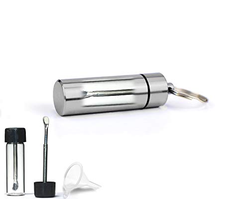 ASIO Glass Vial with Snuff Spoon in Waterproof Aluminum Pill Case | Small Glass Bottle with Mini Funnel in Keychain Pill Holder for Outdoor Travel (Silver)