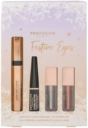 Profusion Cosmetics Festive Eye Kits and Liquid Eyeshadow for Flawless Eye Catching Look, Finish Your Look With Classic Black Liquid Liner, and Lash Out Loud Lengthening With Curling Mascara