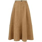 HERBATOMIA Women's Midi Faux Suede Skirt Flared Elastic High Waisted A-Line Winter Long Skirts for Women with Pockets