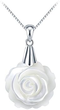 Sachael Jewelry Natural Shell Camellia Flower Design Pendant Necklace, Rhodium Plated Sterling Silver Necklace For Women, Hand-Carved, 18โ (White)