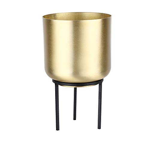NCYP Modern Mid Century 5.9" Round Golden Flower Pot Metal Planter with Black Iron Rack Stand Patio Indoor Planter for Flower Plants Cactus Succulents Areca Palm Fiddle-Leaf Fig (Large)
