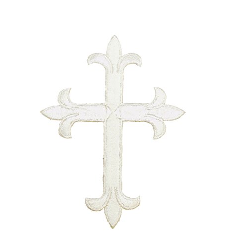 Cream Fleur De Lis Iron On Embroidered Religious Cross Patch 4 Inch
