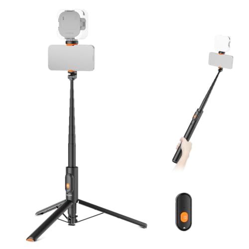 57,9" Trípode Palo Selfie Compatible con iPhone Samsung Android, Soporte Metálico Portátil y Ligero Viajes, con Soporte Teléfono y Control Remoto para Grabar y Filmar Videos, PA992 Negro