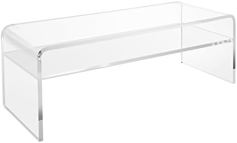 Clear Acrylic Coffee Table with Shelf - Entryway and Bedroom Bench; Cocktail Table - Classic Waterfall Design with Rounded Edges in Thick Lucite - 44"L x16"D x16"H - 3/4 Inch Thick - by Unum
