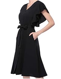 Vestido skater midi sin mangas con volantes y cuello en V elegante de CHICIRIS para mujer con bolsillos