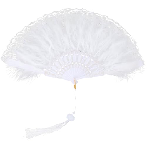CABODYALS White Folding Feather Fan Handheld Foldable Chinese Style Embroidered Lace Floral Patterns with Tassel Pendant Soft Fluffy Fans for Women Wedding Party Dancing Decor Costume Accessories