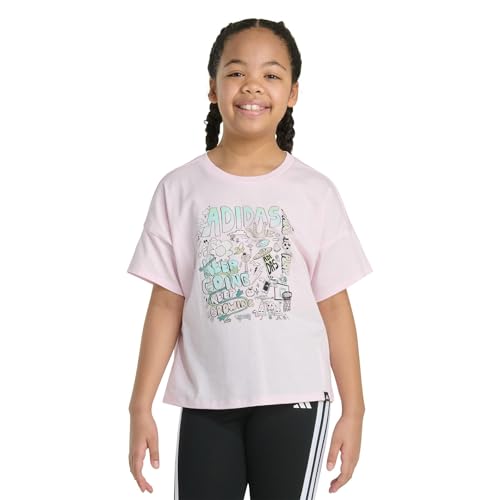adidas Girls Short Sleeve Drop Shoulder Tee, Clear Pink, XL (16)